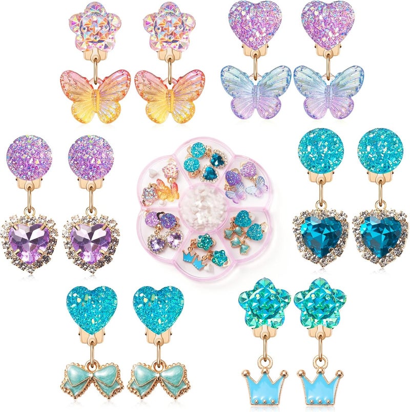 ERDOGLY Clip on Earrings for Girls, 16Pcs Kids Clip on Earrings for Little Girls Dangle Stick on Earring Party Favor, Toddler Earring Princess Pretend Play Dress up Jewelry Gifts - Image 1